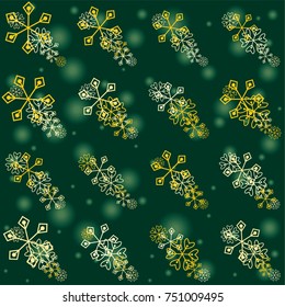 Seamless Christmas background with random scatter falling golden snowflakes and green blurred lights on a dark green background.