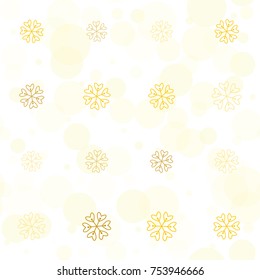 Seamless Christmas background with random scatter falling golden snowflakes and yellow polka dots isolated on white.