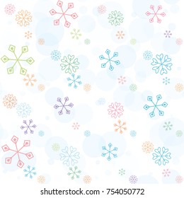 Seamless Christmas background with random scatter falling colorful snowflakes and blue polka dots isolated on white.