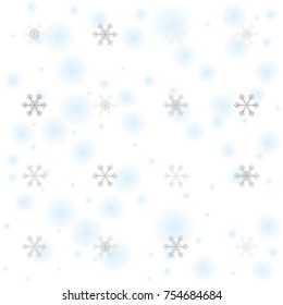 Seamless Christmas background with random scatter falling silver snowflakes and blue blurred dots isolated on white.
