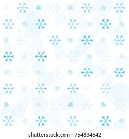 Seamless Christmas background with random scatter falling turquoise snowflakes and blue polka dots isolated on white.