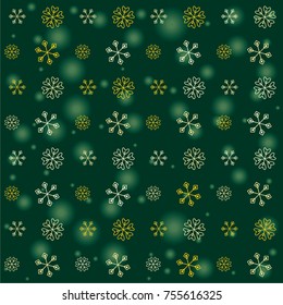Seamless Christmas background with random scatter falling golden snowflakes and green blurred lights on a dark green background.