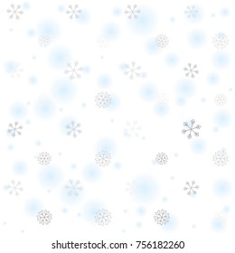 Seamless Christmas background with random scatter falling silver snowflakes and blue blurred dots isolated on white.