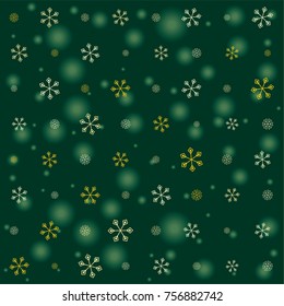 Seamless Christmas background with random scatter falling golden snowflakes and green blurred lights on a dark green background.