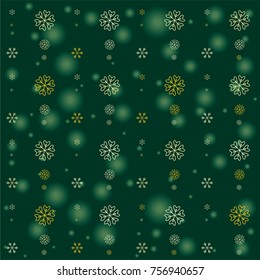 Seamless Christmas background with random scatter falling golden snowflakes and green blurred lights on a dark green background.