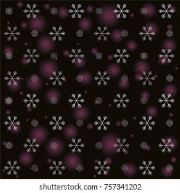 Seamless Christmas background with random scatter falling silver snowflakes and pink blurred lights isolated on black