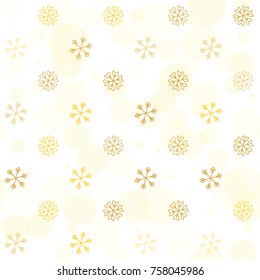 Seamless Christmas background with random scatter falling golden snowflakes and yellow polka dots isolated on white.