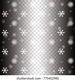 Seamless Christmas background with random scatter falling white snowflakes and light blurred dots on a transparent background.