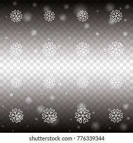 Seamless Christmas background with random scatter falling white snowflakes and light blurred dots on a transparent background.