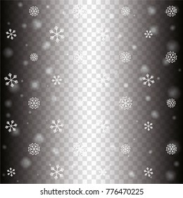 Seamless Christmas background with random scatter falling white snowflakes and light blurred dots on a transparent background.