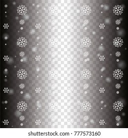 Seamless Christmas background with random scatter falling white snowflakes and light blurred dots on a transparent background.
