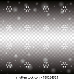 Seamless Christmas background with random scatter falling white snowflakes and light blurred dots on a transparent background.