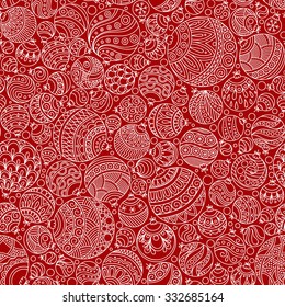 Seamless Christmas background with red christmas balls. Vintage christmas seamless pattern. Doodle Hand Drawn Style