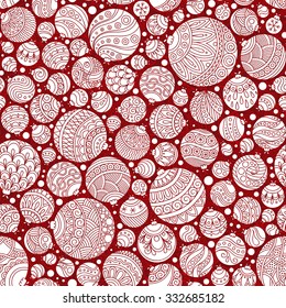 Seamless Christmas background with red christmas balls. Vintage christmas seamless pattern. Doodle Hand Drawn Style