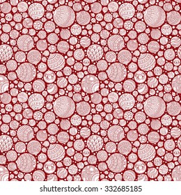 Seamless Christmas background with red christmas balls. Vintage christmas seamless pattern. Doodle Hand Drawn Style