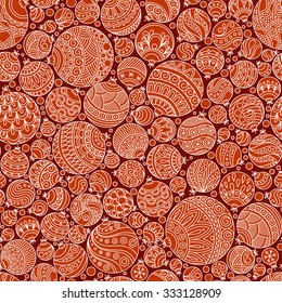 Seamless Christmas background with red christmas balls. Vintage christmas seamless pattern. Doodle Hand Drawn Style