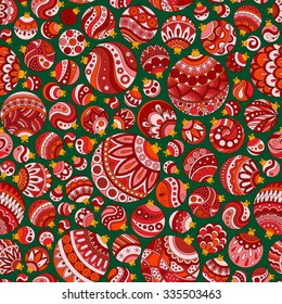 Seamless Christmas background with red christmas balls. Vintage christmas seamless pattern. Doodle Hand Drawn Style