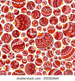 Seamless Christmas background with red christmas balls. Vintage christmas seamless pattern. Doodle Hand Drawn Style