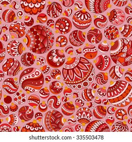 Seamless Christmas background with red christmas balls. Vintage christmas seamless pattern. Doodle Hand Drawn Style