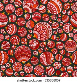 Seamless Christmas background with red christmas balls. Vintage christmas seamless pattern. Doodle Hand Drawn Style