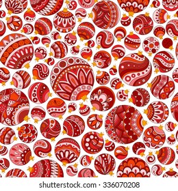 Seamless Christmas background with red christmas balls. Vintage christmas seamless pattern. Doodle Hand Drawn Style