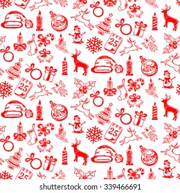 Seamless Christmas background with red decorative elements, illustration.