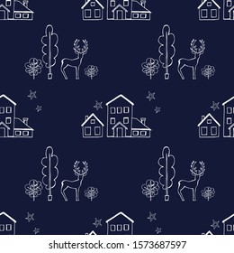 Seamless Christmas background with reindeer and cute houses on blue background. Hand-drawn. Elegant pattern. Vector graphics.