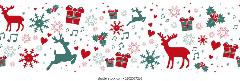 Seamless christmas background with reindeer, present, mistletoe, stars, snowflakes, hearts and notes.