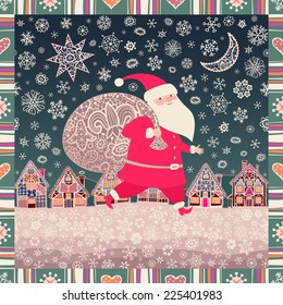 Seamless Christmas background. Santa Claus with a sack of Christmas gifts. Little town, lacy Xmas star, moon, and snowflakes. Vector illustration