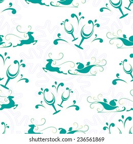 seamless Christmas background, Santa Claus reindeer and glasses of champagne , vector illustration