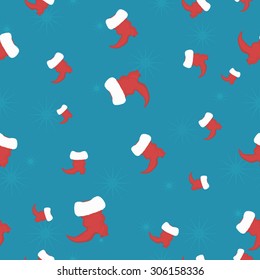 Seamless Christmas Background with Santa Claus Shoes and Snowflakes