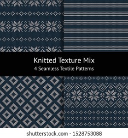 Seamless Christmas background set. Knitted pattern texture in dark blue and grey for jacket, dress, top, sweater, or other modern textile print. Stripes, rhombus elements, and nordic snowflakes.