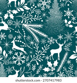 Seamless Christmas background with snowflakes, branches and deer. Not AI. Vector illustration.