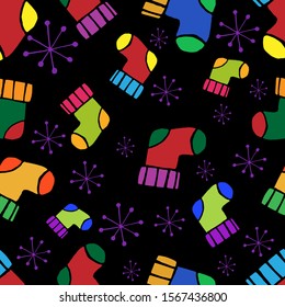 Seamless Christmas background with snowflakes and colorful socks, isolate on a black background. Cartoon style. Used for printing, web sites, design, embellishments, fabrics, etc.