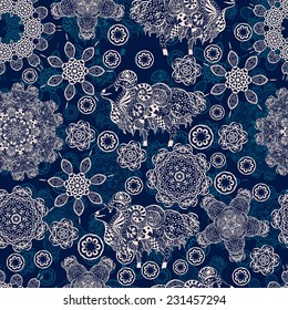 Seamless Christmas background with snowflakes and lambs