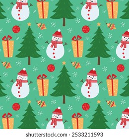 Seamless Christmas background with snowman, fir trees and gifts. Vector.