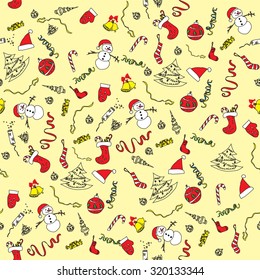 Seamless christmas background with snowman, Christmas tree, bells, toys, ribbons, mittens and other attributes of the New Year on a yellow background