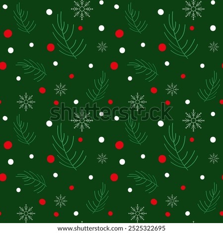 Seamless Christmas background with spruce branches, berries and Snowflakes. Vector Christmas seamless pattern. EPS10