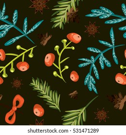 Seamless Christmas background. Tile botanical pattern. Vector illustrated tiled wallpaper. Decorative wrapping paper texture with pine cones, twigs, red berries, blue lives and anise stars on black