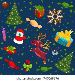 Seamless christmas background with various festive objects on a blue background.