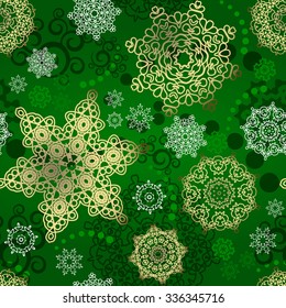 Seamless Christmas background. Vector  New Year pattern. Gold snowflakes on the green backdrop. 