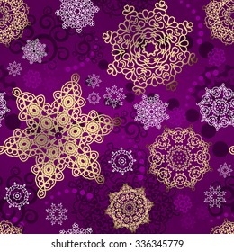 Seamless Christmas background. Vector  New Year pattern. Gold snowflakes on the violet backdrop. 