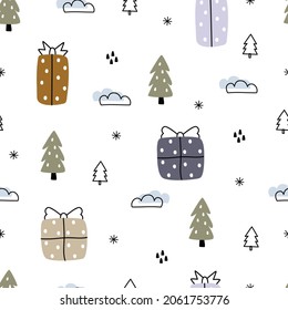 Seamless Christmas Background Vector Pattern With gift box and Christmas tree Hand drawn design in cartoon style Used for printing illustration, wallpaper, fabric, textile, fashion