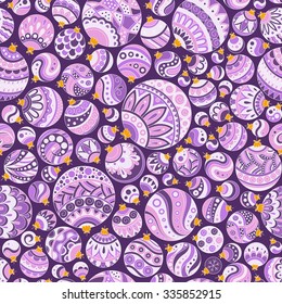 Seamless Christmas background with violet christmas balls. Vintage christmas seamless pattern. Doodle Hand Drawn Style