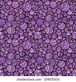 Seamless Christmas background with violet and pink christmas balls. Vintage christmas seamless pattern. Doodle Hand Drawn Style