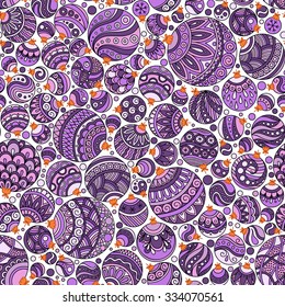 Seamless Christmas background with violet and pink christmas balls. Vintage christmas seamless pattern. Doodle Hand Drawn Style