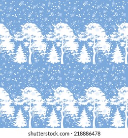 Seamless Christmas background, winter forest with trees silhouettes and snow. Vector