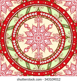 Seamless Christmas background. Winter pattern with lace snowflake on ethnic circle ornament. Hand drawn art winter mandala.Colorful background. Zentangle pattern.