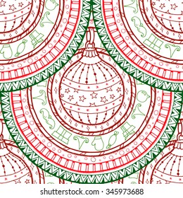 Seamless Christmas background.Winter pattern with Christmas ball on ethnic circle ornament. Hand drawn art winter mandala. Colorful background. Zentangle pattern.