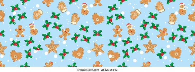 Seamless Christmas banner with elements of gingerbread cookies and Christmas berries. 